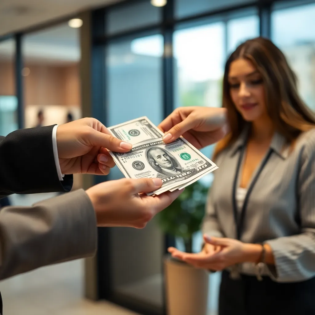 Persona entregando billetes de dólares estadounidenses a otra persona en un entorno de oficina moderna, representando servicio de cambio de divisas